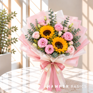Sunflower bouquet with sunflowers and pink lisianthus