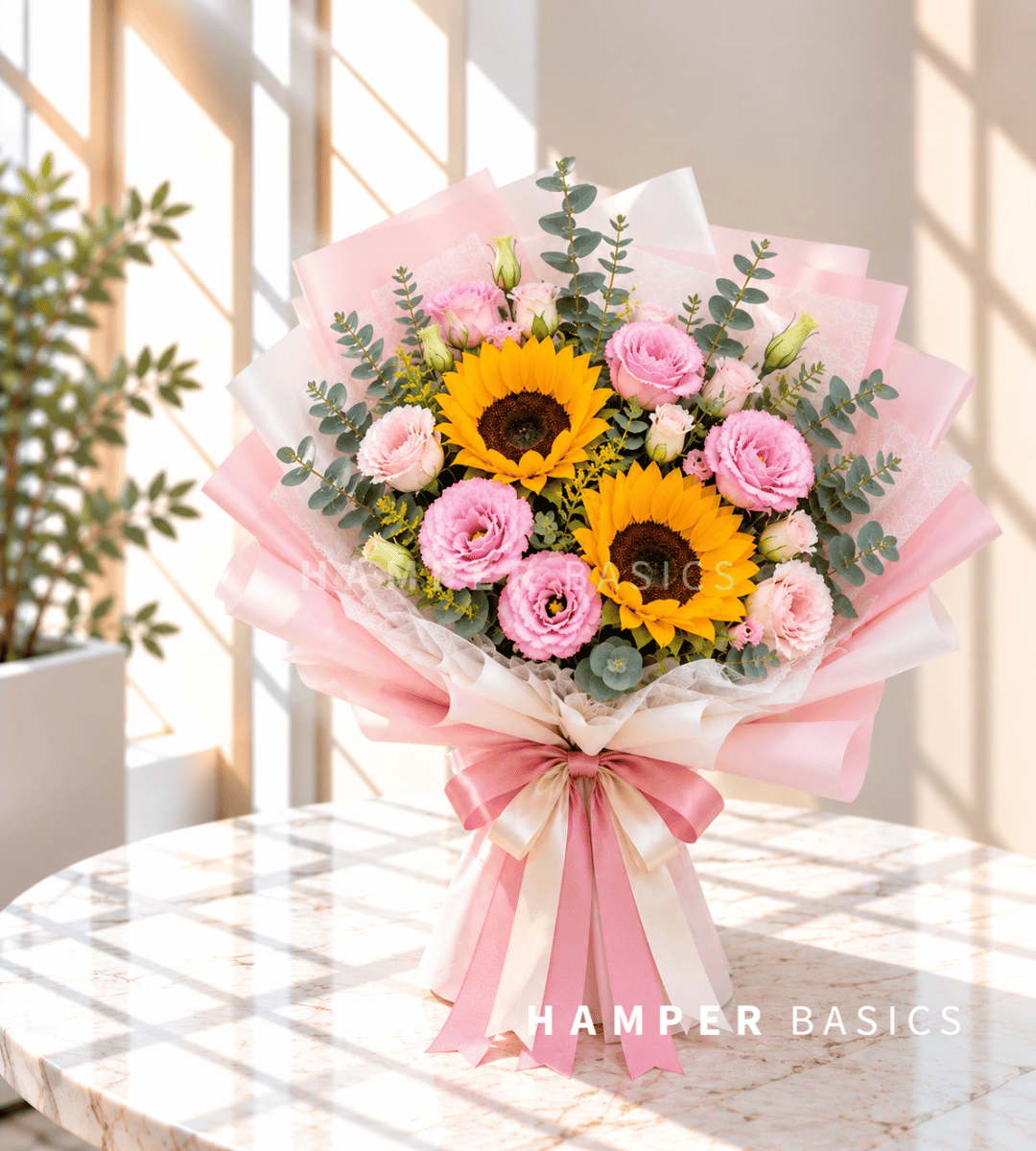 Sunflower bouquet with sunflowers and pink lisianthus