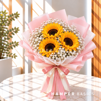 Sunflower bouquet with 3 sunflowers and white baby's breath