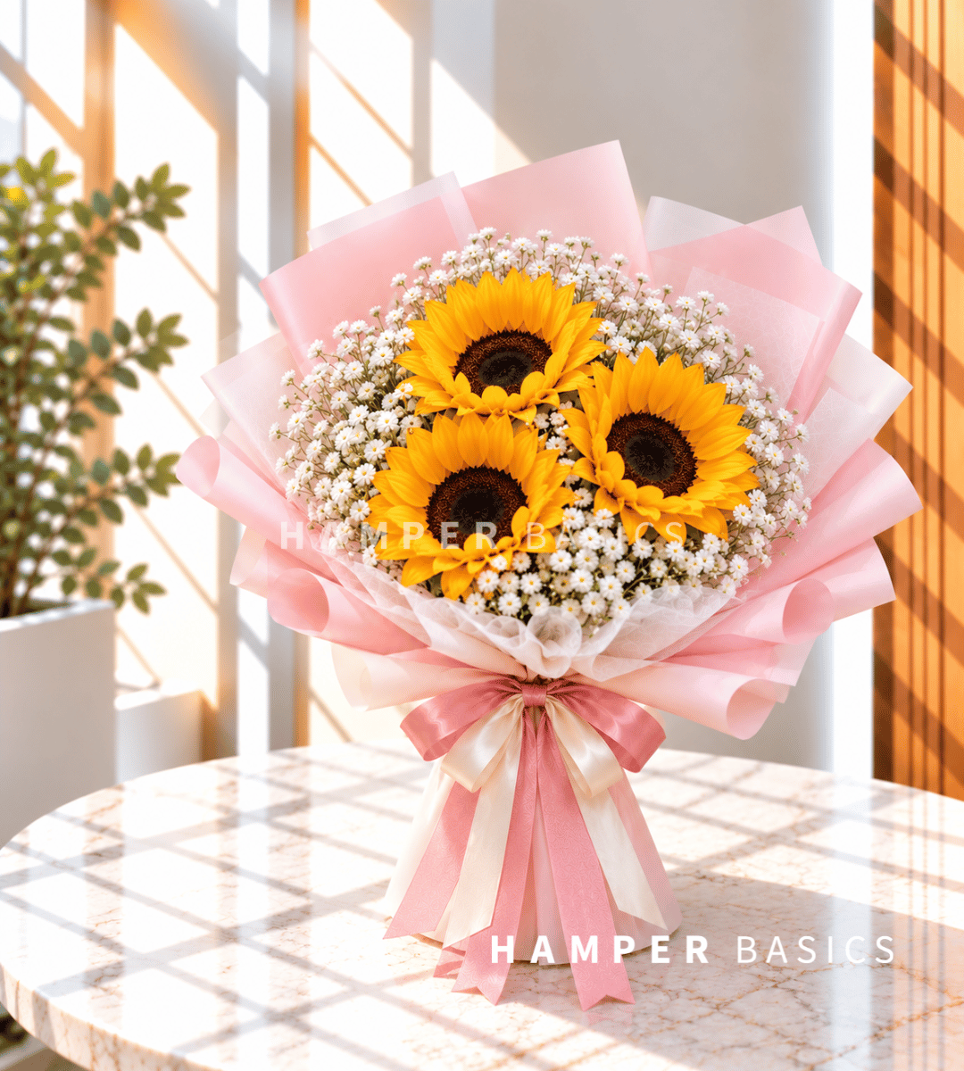 Sunflower bouquet with 3 sunflowers and white baby's breath