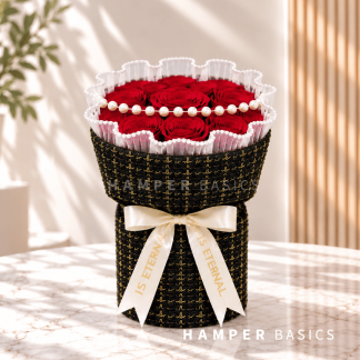Rose bouquet with 10-12 red roses wrapped in tweed