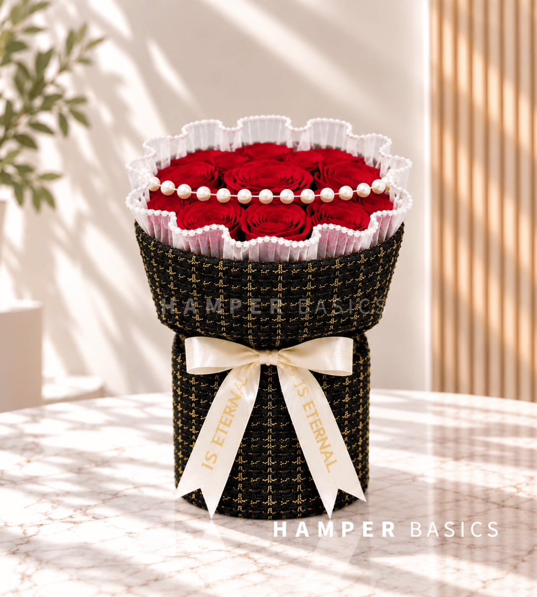 Rose bouquet with 10-12 red roses wrapped in tweed
