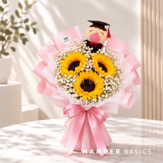 Graduation flower bouquet with sunflowers, baby's breath and graduation bear plushie