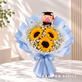 Graduation flower bouquet with 3 sunflowers, baby's breath and a graduation bear plushie