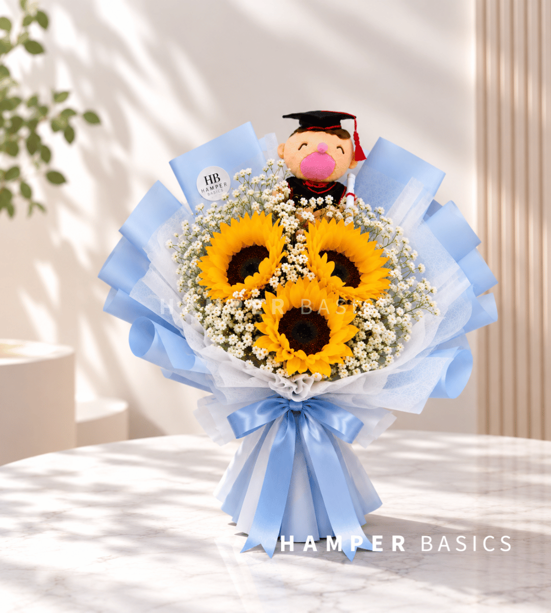 Graduation flower bouquet with 3 sunflowers, baby's breath and a graduation bear plushie