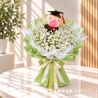Graduation flower bouquet with graduation bear plushie in green wrapping