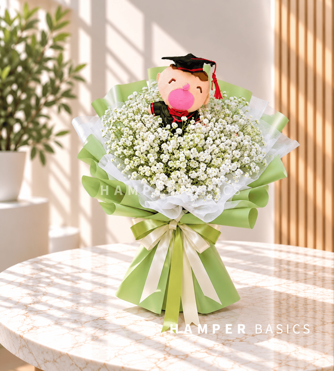 Graduation flower bouquet with graduation bear plushie in green wrapping
