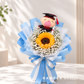 Graduation flowers for him with sunflower, baby's breath and graduation bear plushie