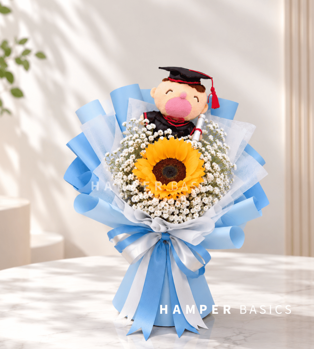 Graduation flowers for him with sunflower, baby's breath and graduation bear plushie