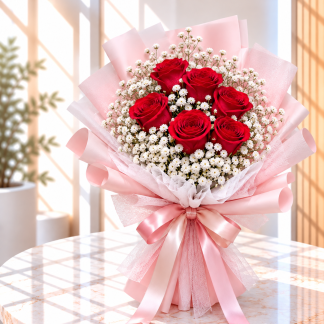 Rose bouquet Singapore with 6 red roses and white baby's breath