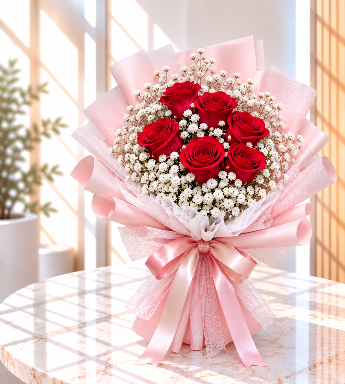 Rose bouquet Singapore with 6 red roses and white baby's breath
