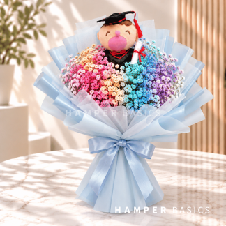 Graduation bouquet with colourful baby's breath and graduation bear plushie