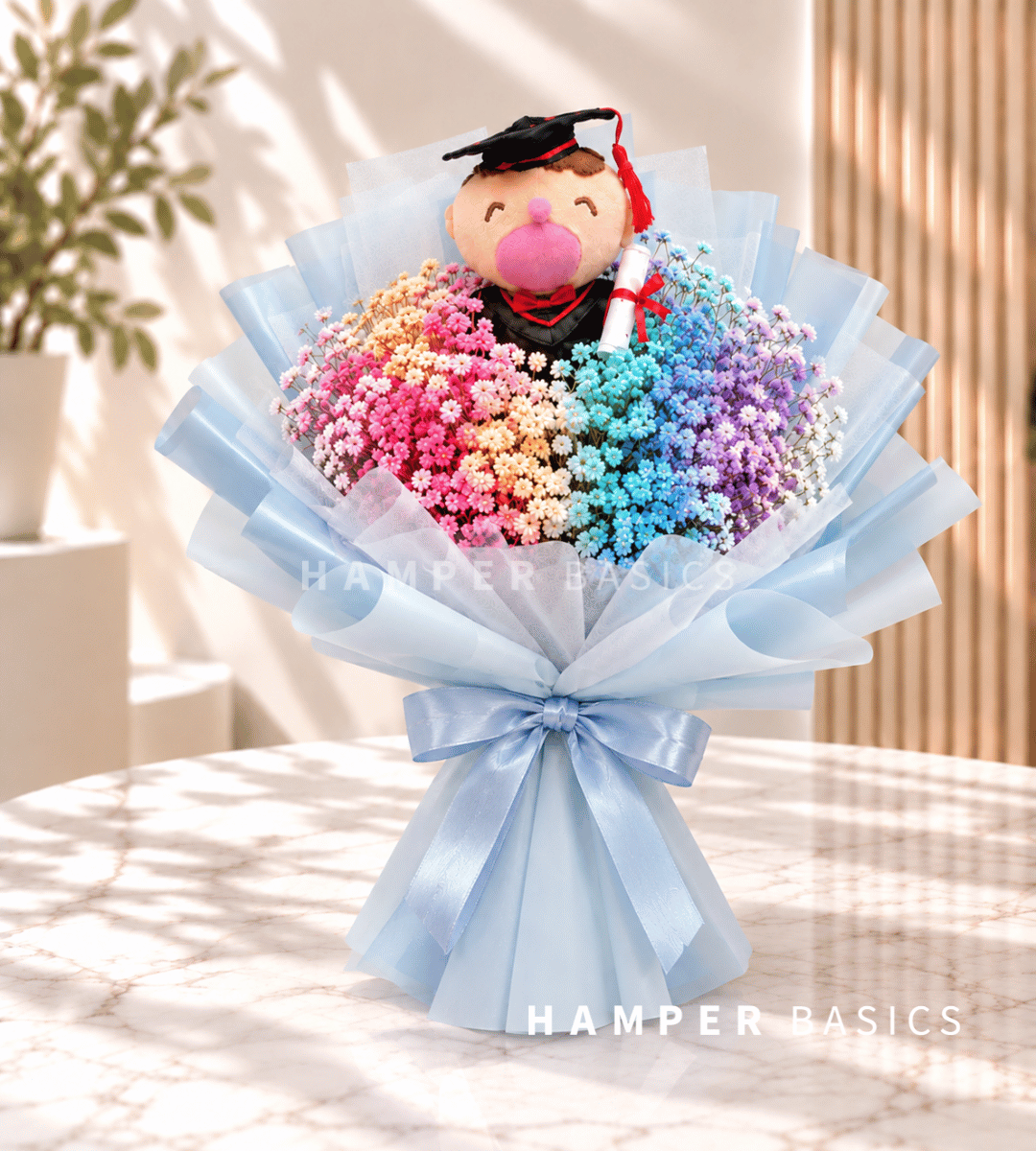 Graduation bouquet with colourful baby's breath and graduation bear plushie