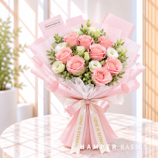 Rose bouquet with 8 pink roses and lisianthus