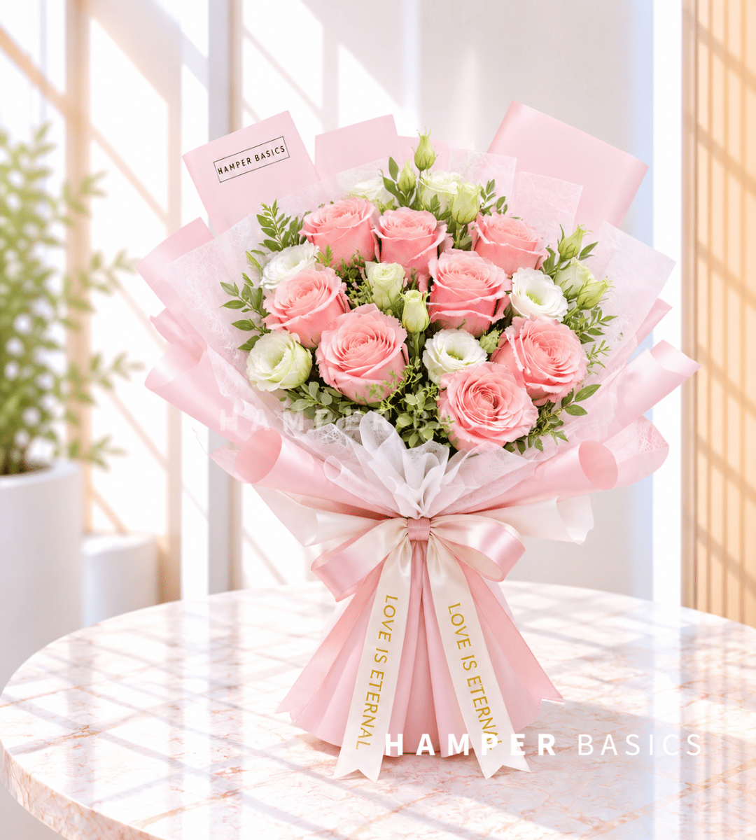 Rose bouquet with 8 pink roses and lisianthus