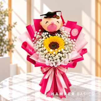 Graduation bouquet for her with sunflowers, baby's breath and graduation bear plushie