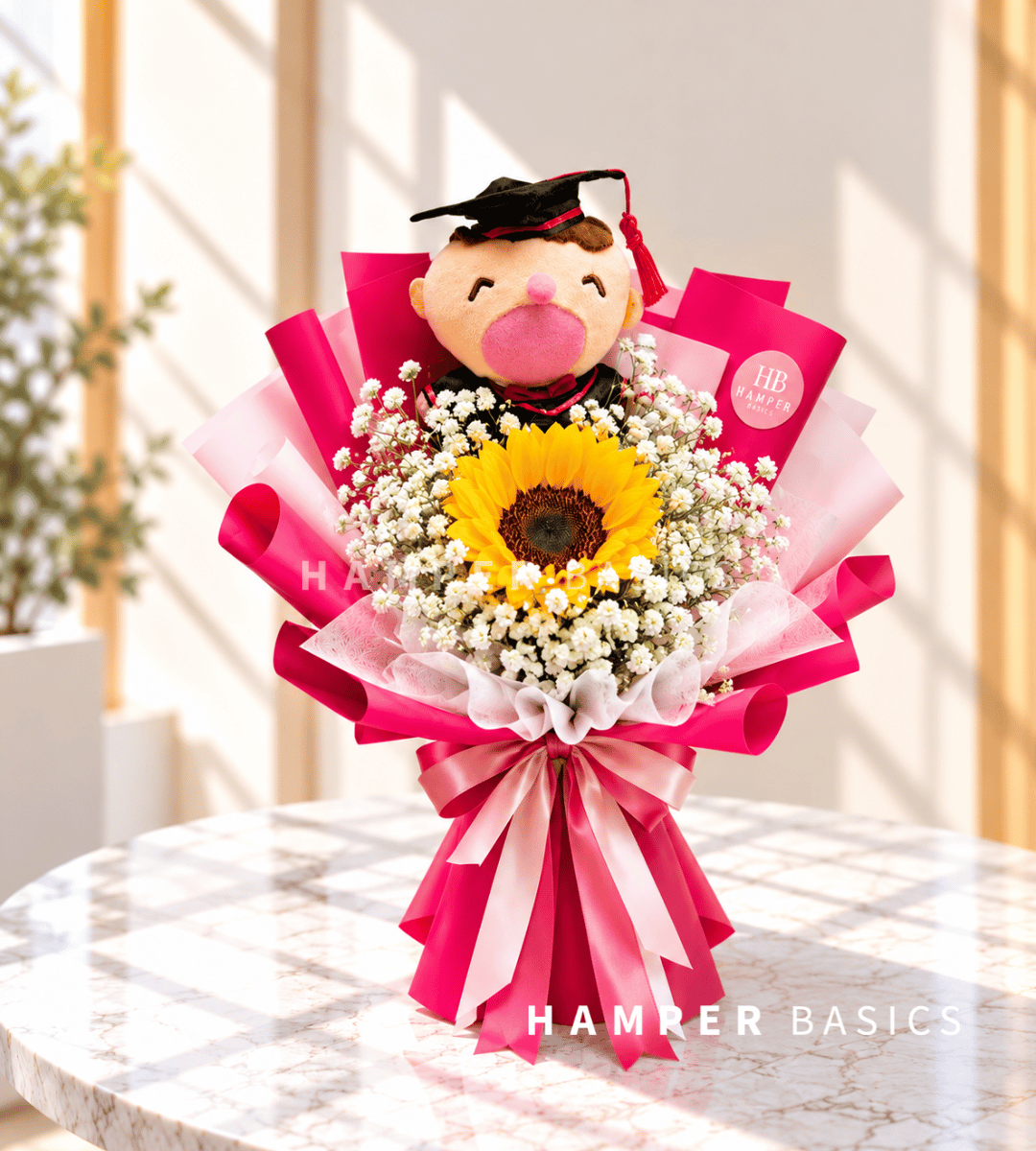 Graduation bouquet for her with sunflowers, baby's breath and graduation bear plushie