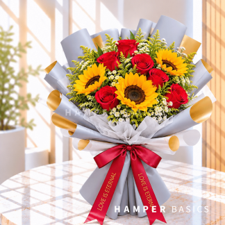 Flower bouquet with sunflowers and red roses