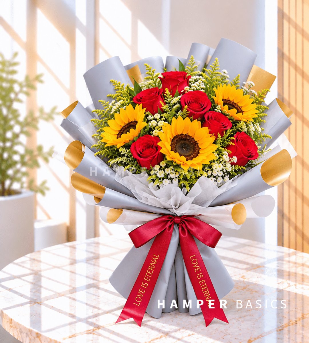 Flower bouquet with sunflowers and red roses