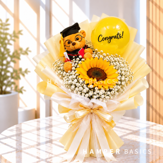 Graduation bouquet Singapore with sunflower, baby's breath, bear plushie and balloon