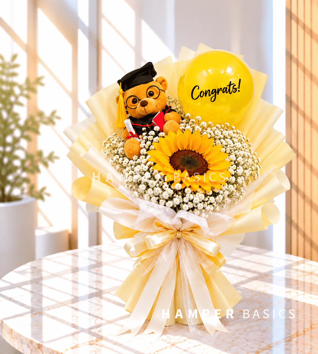 Graduation bouquet Singapore with sunflower, baby's breath, bear plushie and balloon