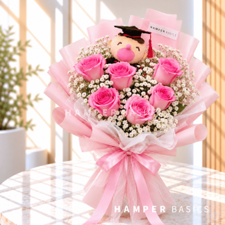 Graduation bouquet Singapore with pink roses, baby's breath and graduation bear plushie
