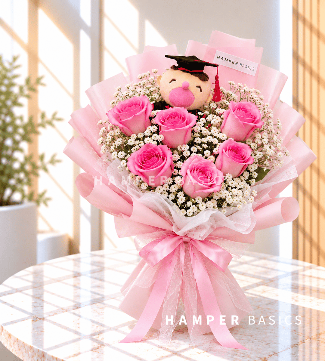 Graduation bouquet Singapore with pink roses, baby's breath and graduation bear plushie