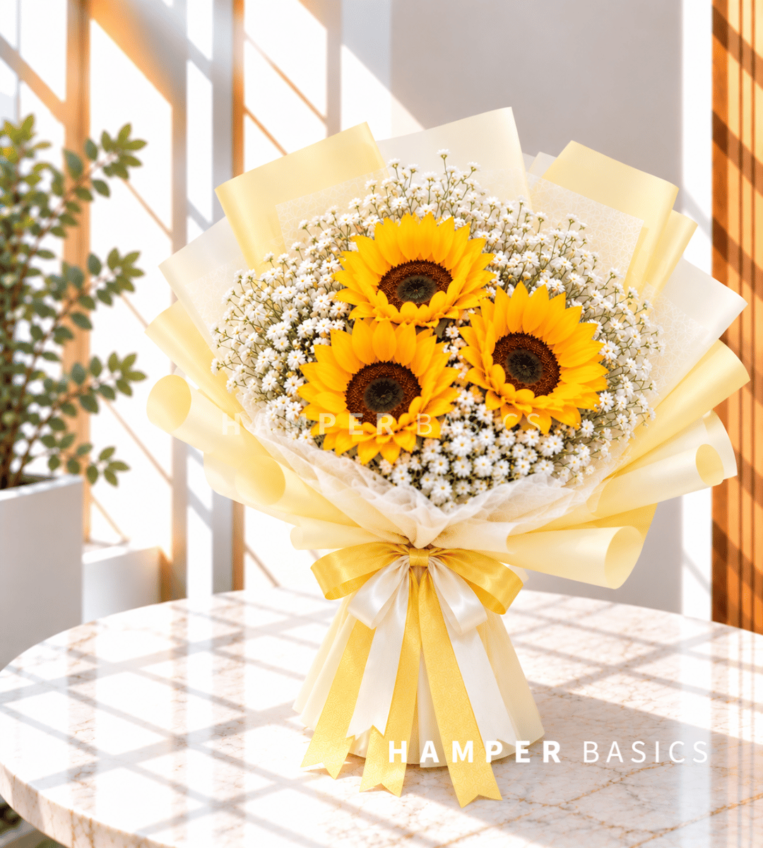 Sunflower bouquet with 3 sunflowers and baby's breath