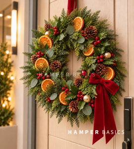 Fresh Christmas wreath decorated with dried orange slices, pine cones, fillers and foliages