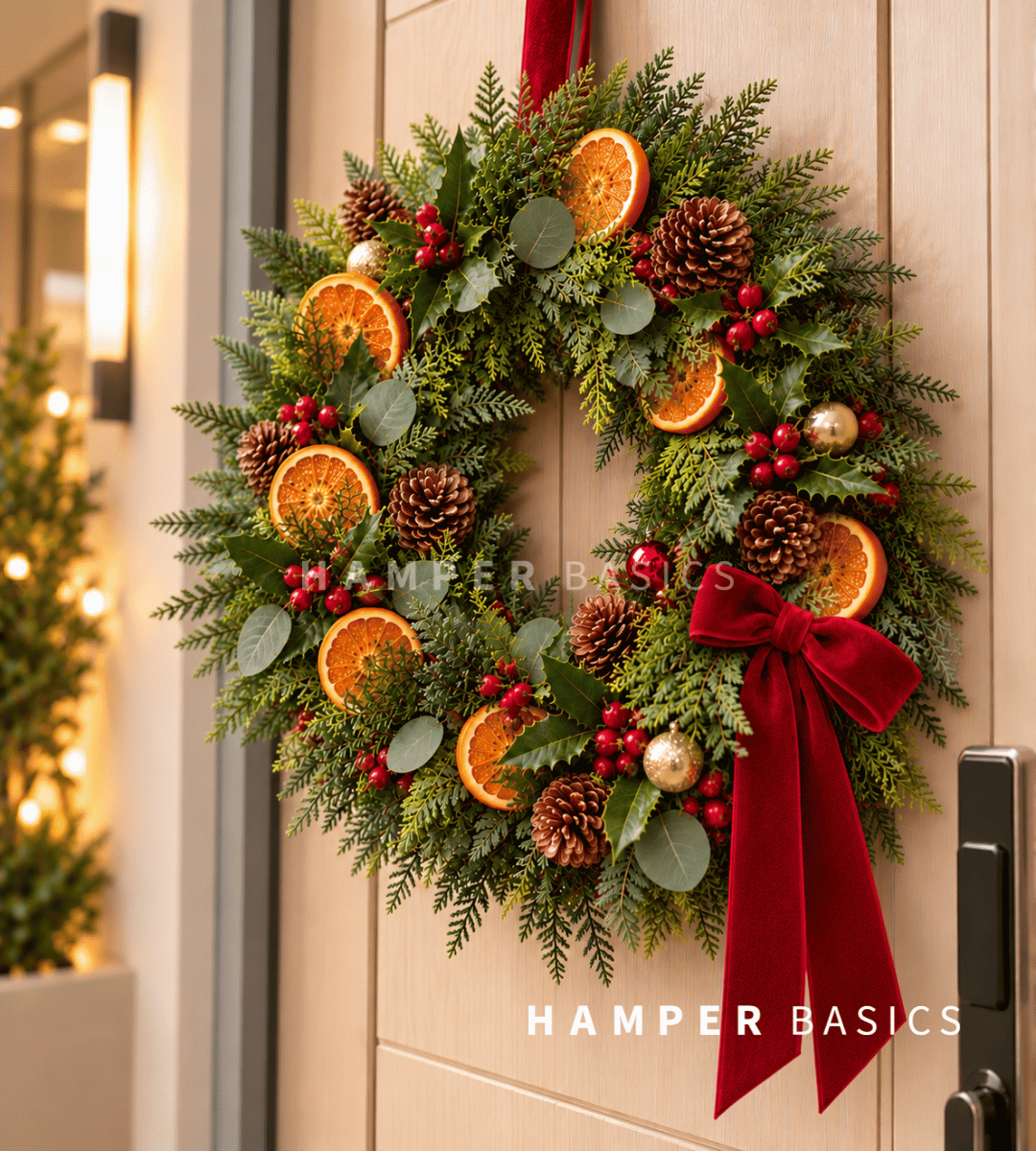 Fresh Christmas wreath decorated with dried orange slices, pine cones, fillers and foliages