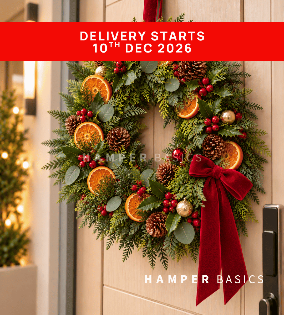 Fresh Christmas wreath decorated with dried orange slices, pine cones, fillers and foliages
