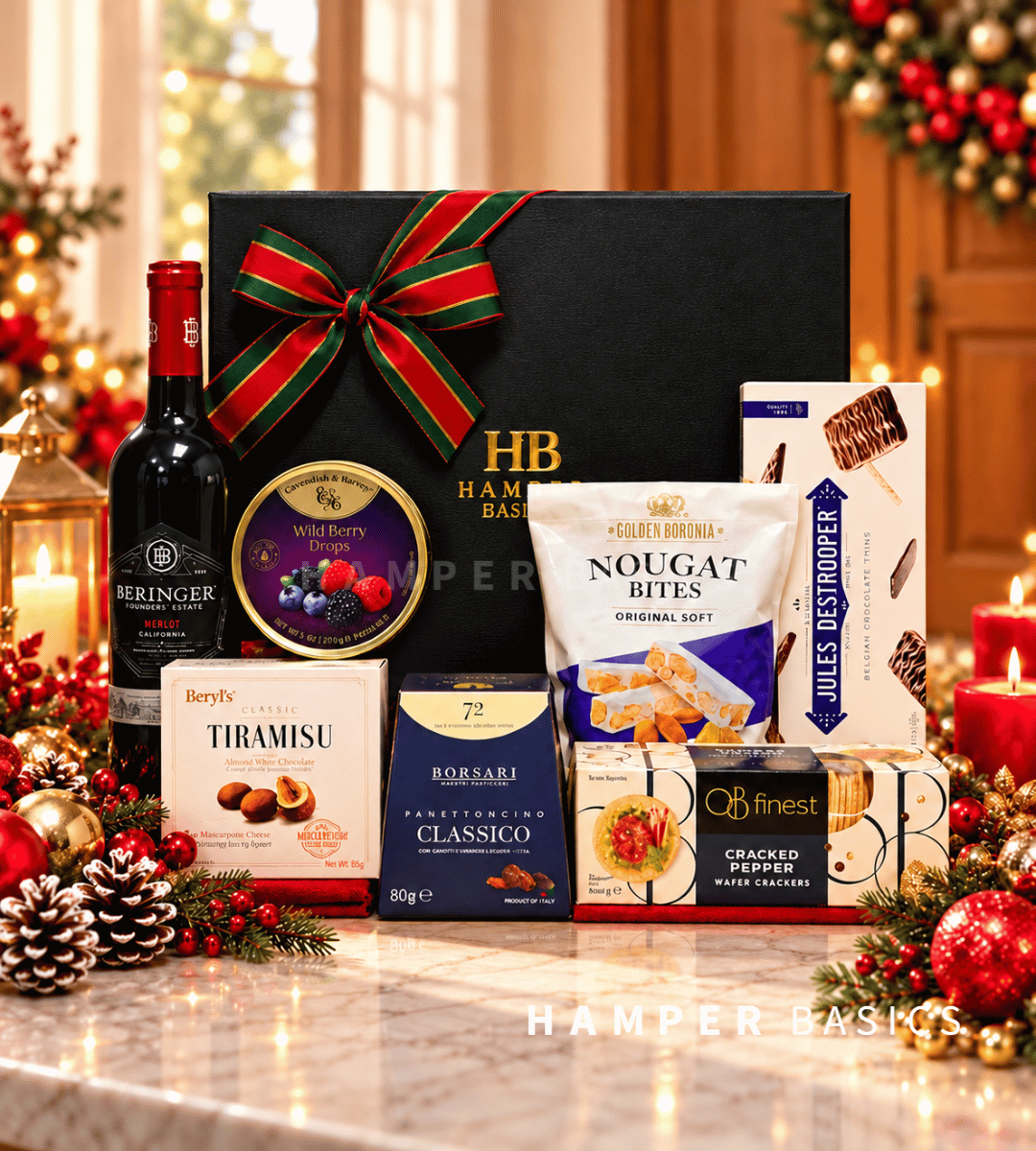 Christmas hamper with wine, chocolates and festive favourites