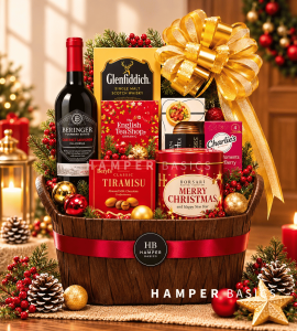 Christmas gift basket packed with fine wine, chocolates and gourmet treats
