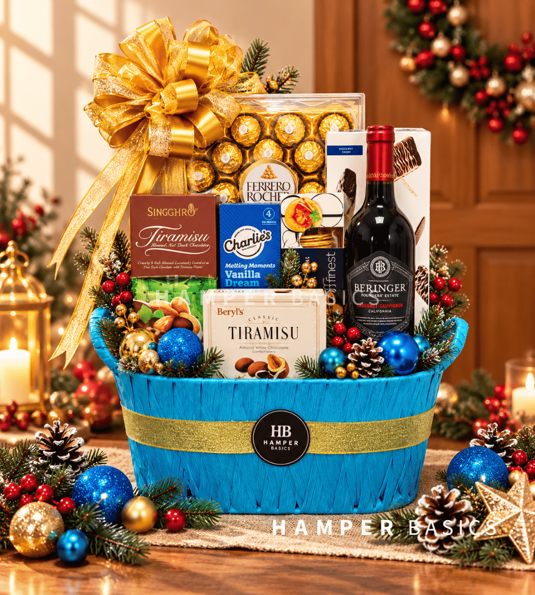 Christmas gift basket filled with fine wine, chocolates and gourmet treats