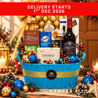 Christmas gift basket filled with fine wine, chocolates and gourmet treats
