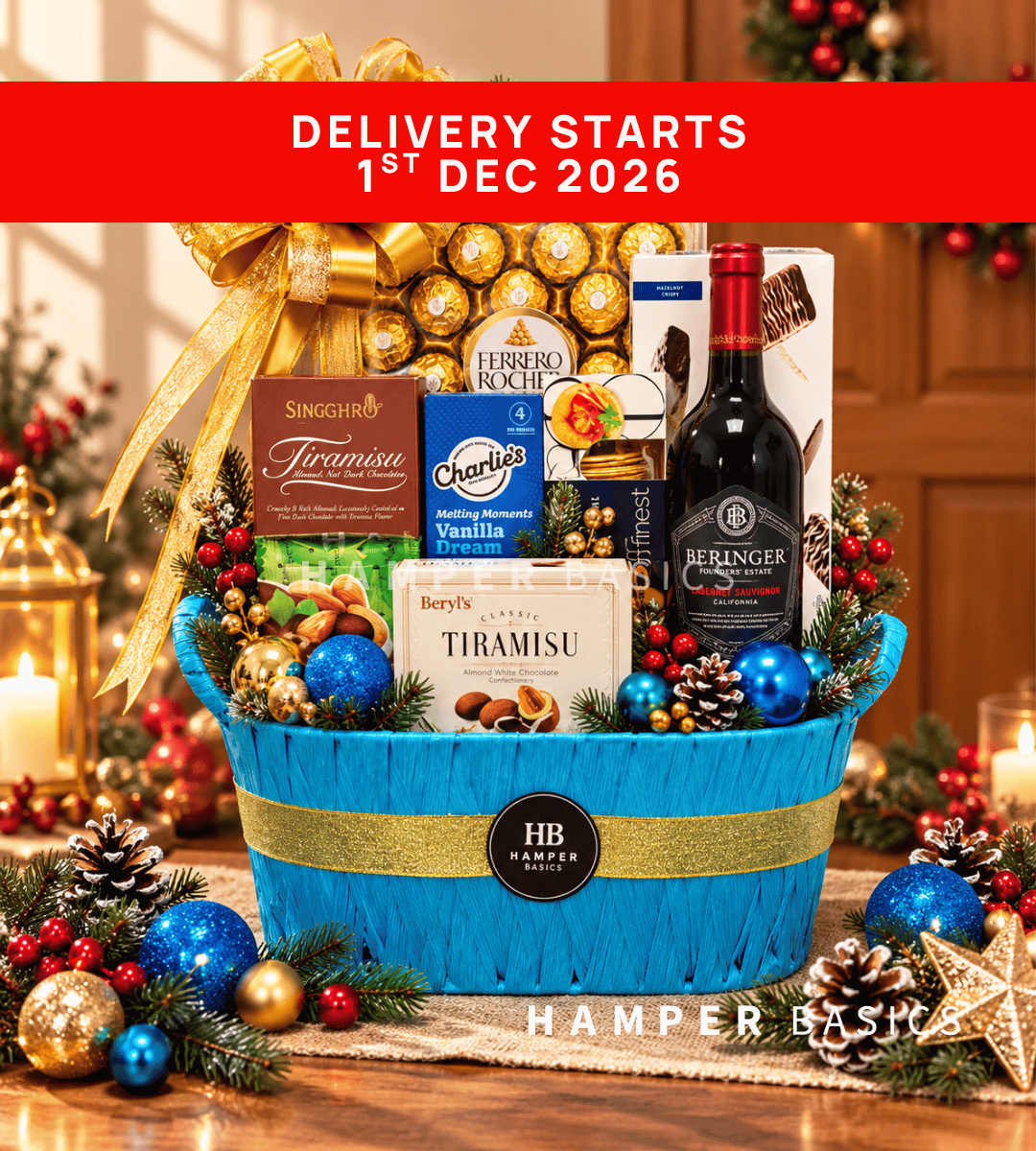 Christmas gift basket filled with fine wine, chocolates and gourmet treats