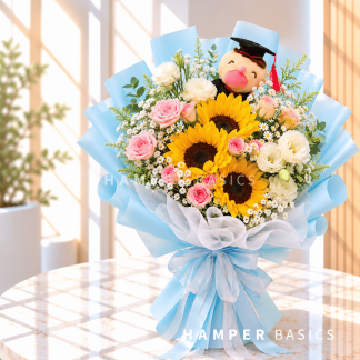Graduation bouquet Singapore with graduation bear plushie, sunflowers and roses