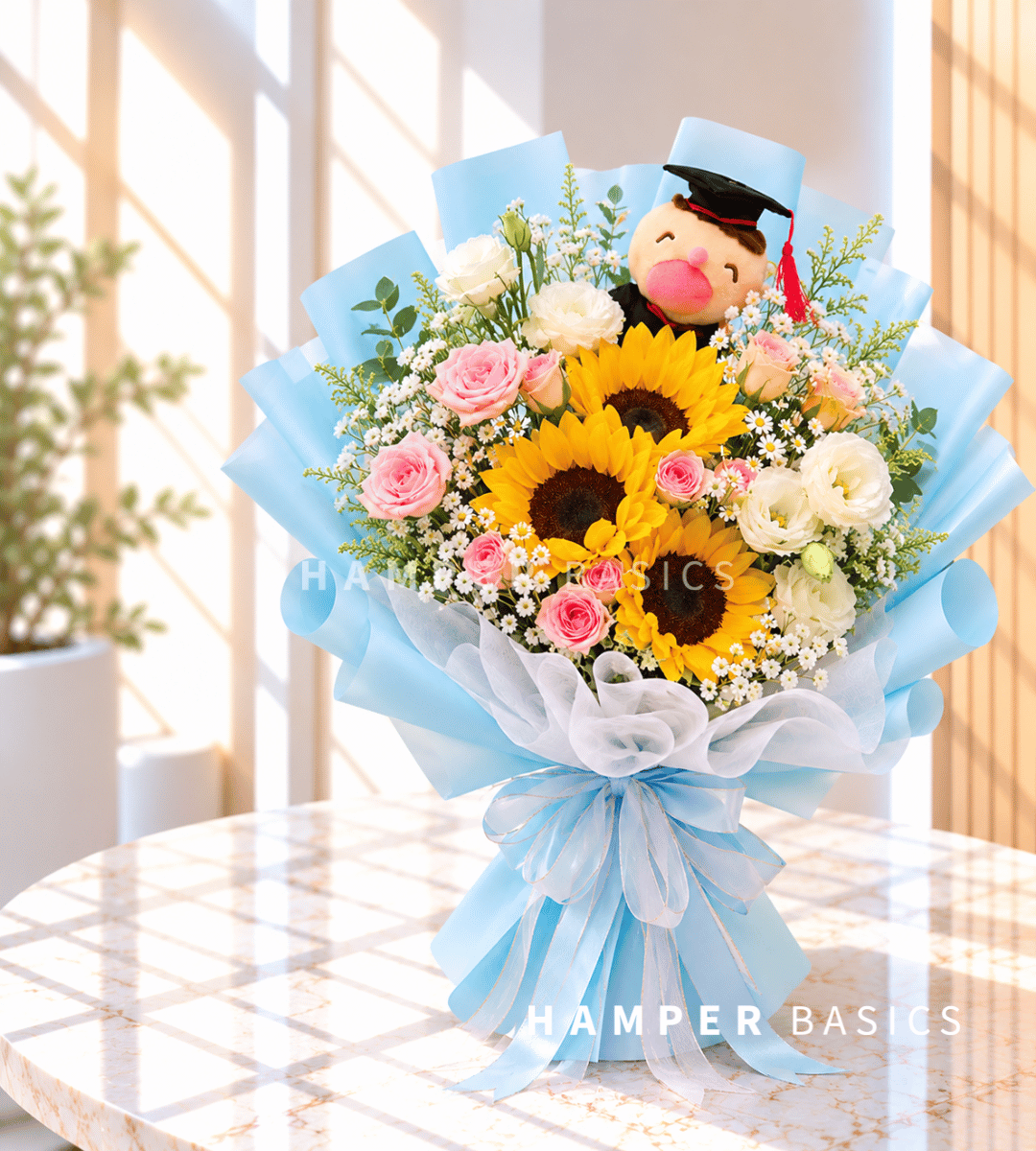 Graduation bouquet Singapore with graduation bear plushie, sunflowers and roses