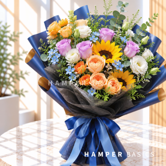 Flower bouquet for men - sunflowers, purple roses, orange roses, lisianthus, fillers and foliages.
