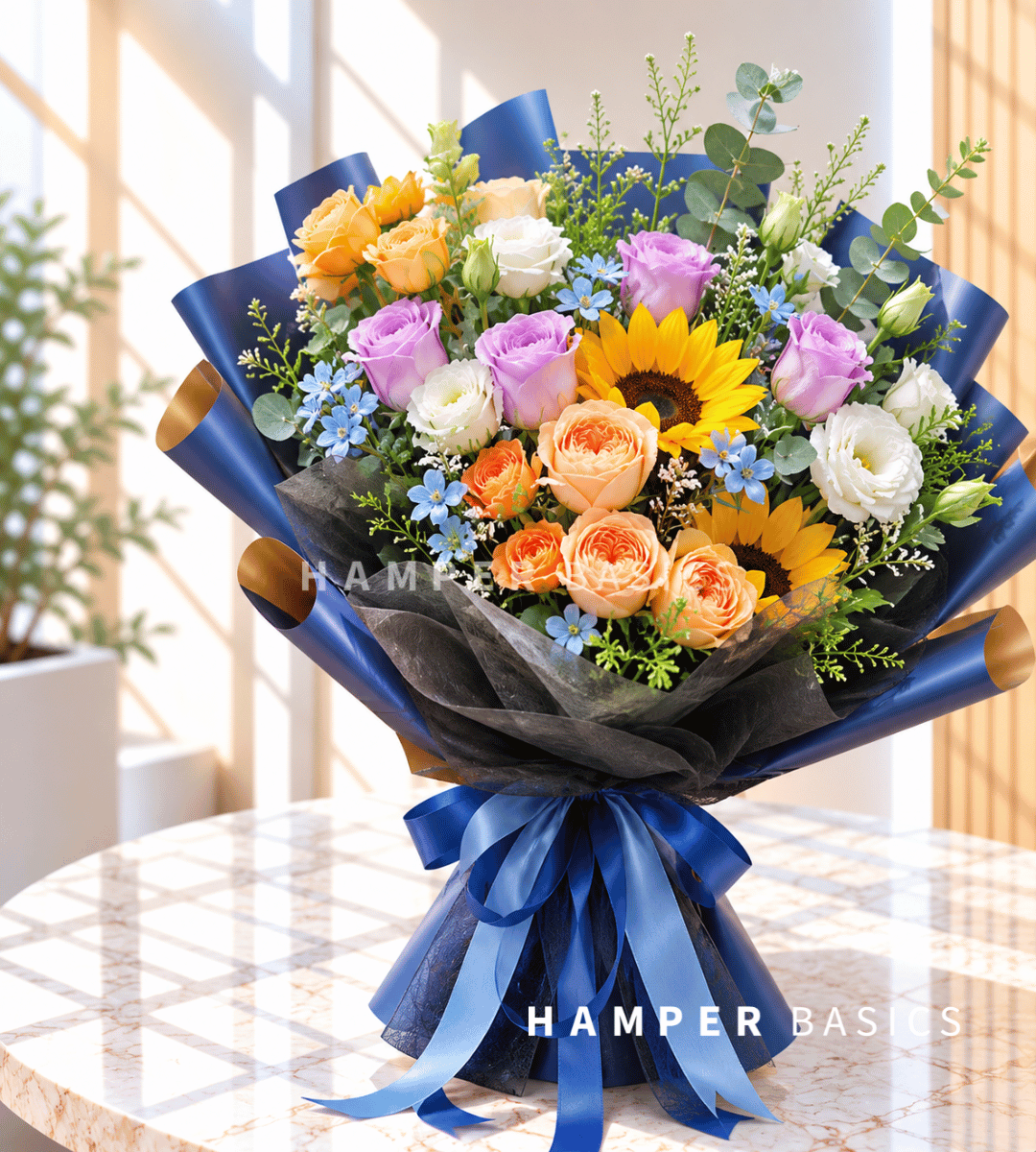 Flower bouquet for men - sunflowers, purple roses, orange roses, lisianthus, fillers and foliages.