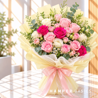 Flower Bouquet, featuring light and hot pink roses, white lisianthus and delicate blooms
