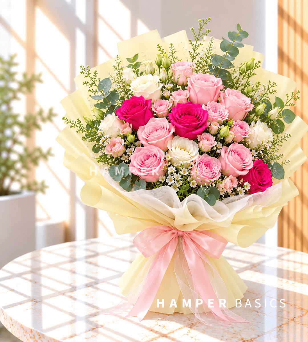 Flower Bouquet, featuring light and hot pink roses, white lisianthus and delicate blooms