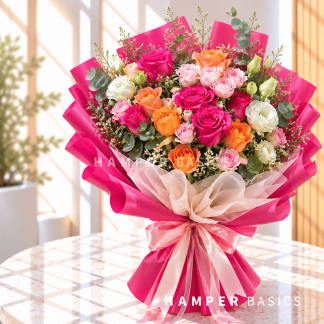 Rose bouquet with hot and light pink roses, oranges roses, lisianthus, wrapped in stunning hot pink wrappers
