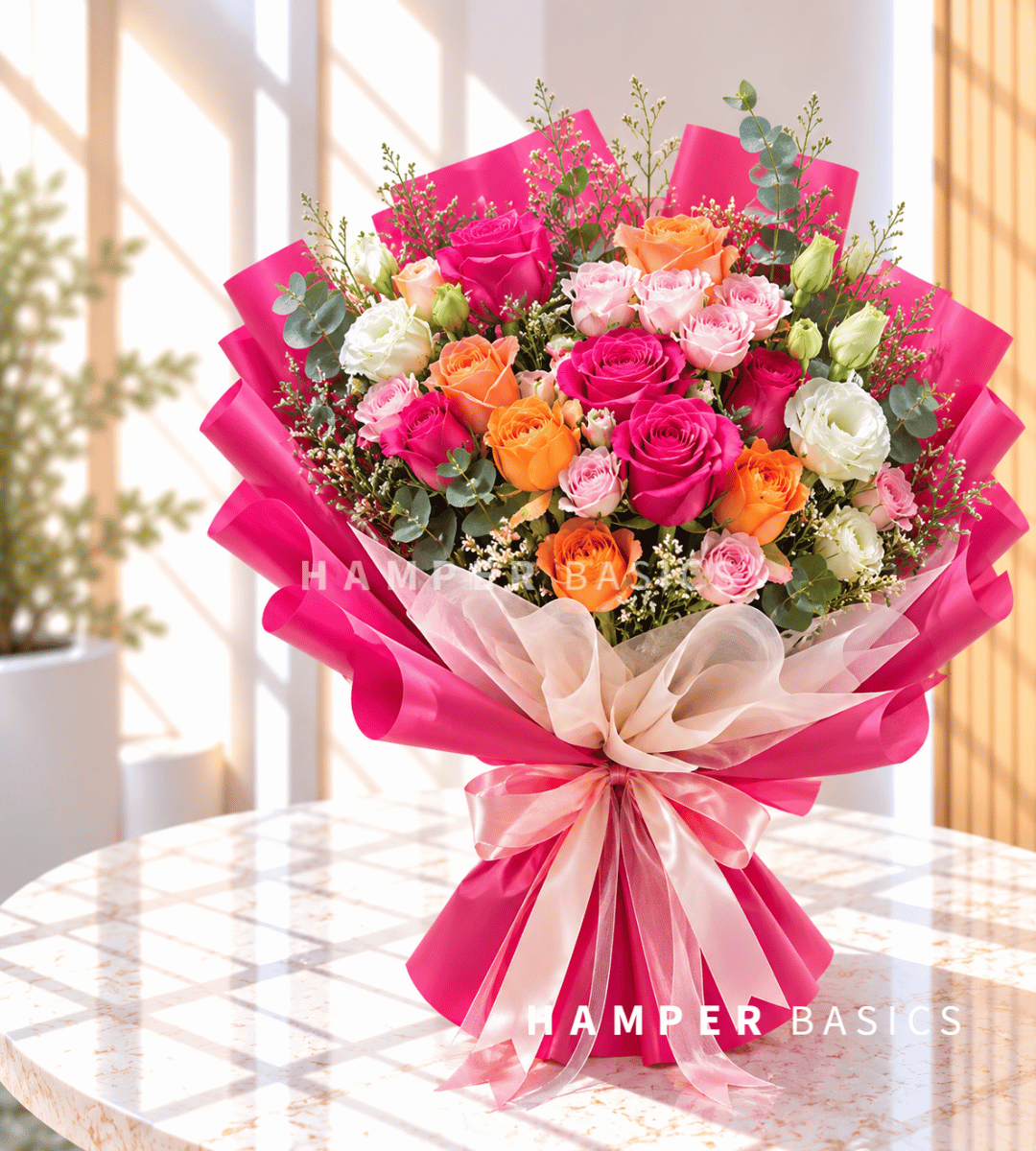 Rose bouquet with hot and light pink roses, oranges roses, lisianthus, wrapped in stunning hot pink wrappers