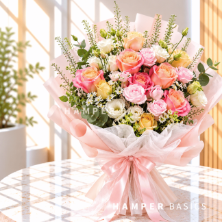 Rose bouquet filled with a variety of coloured roses, lisianthus, fillers and foliages