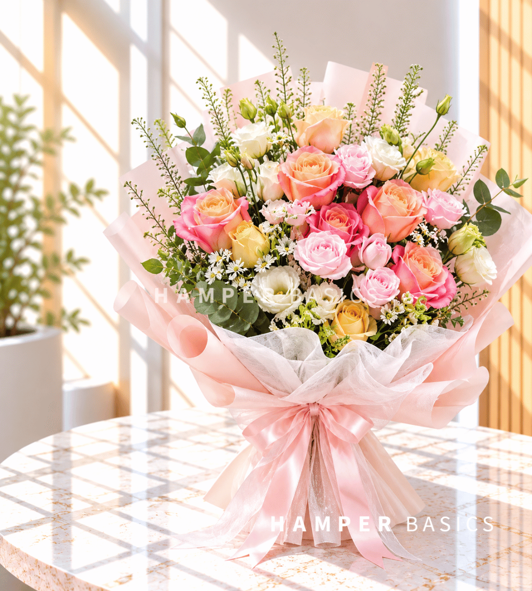 Rose bouquet filled with a variety of coloured roses, lisianthus, fillers and foliages