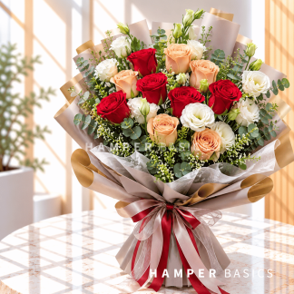 Chic flower bouquet with cappuccino and red roses, lisianthus, fillers and foliages