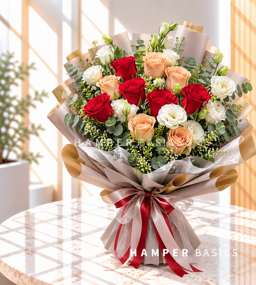 Chic flower bouquet with cappuccino and red roses, lisianthus, fillers and foliages