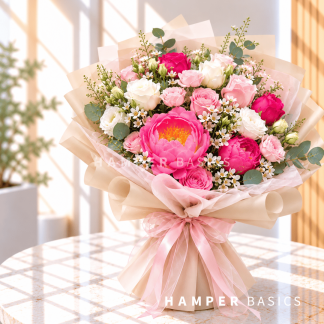 Peony flower bouquet with peonies, roses, lisianthus, fillers and foliages
