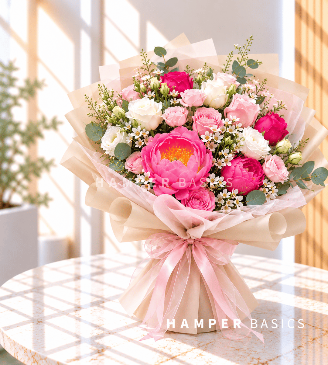 Peony flower bouquet with peonies, roses, lisianthus, fillers and foliages